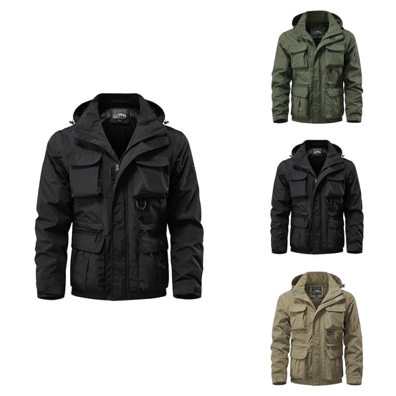 Men's Workwear Jacket with Removable Sleeves & Hood, Multi-Pocket Outdoor Hiking Coat, Zip-Up Long Sleeve Cargo Bomber Outerwear