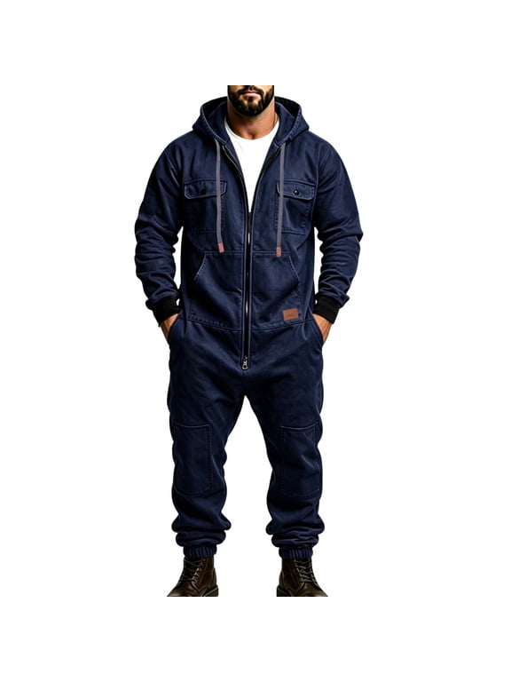 Men's Workwear Jumpsuit, Hooded Zip Up Coverall, Cargo Pocket One Piece, Loose Fit Outdoor Romper, Streetwear Hip Hop Overalls, Casual Long Sleeve Jumpsuit