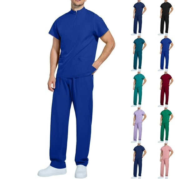 Men's Workwear Scrubs 2-Piece Set, Comfortable Solid Color Short Sleeve Top and Pants, Nursing Uniform For Healthcare Professional Duty,Light Purple,S