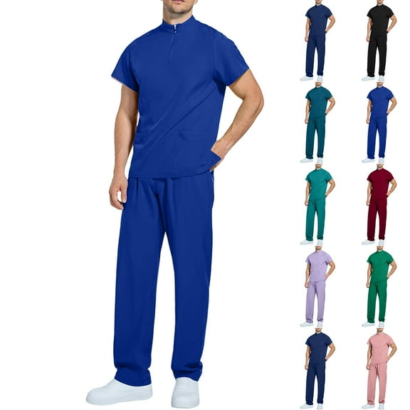 Men's Workwear Scrubs 2-Piece Set, Comfortable Solid Color Short Sleeve Top and Pants, Nursing Uniform For Healthcare Professional Duty,Royal Blue,XL