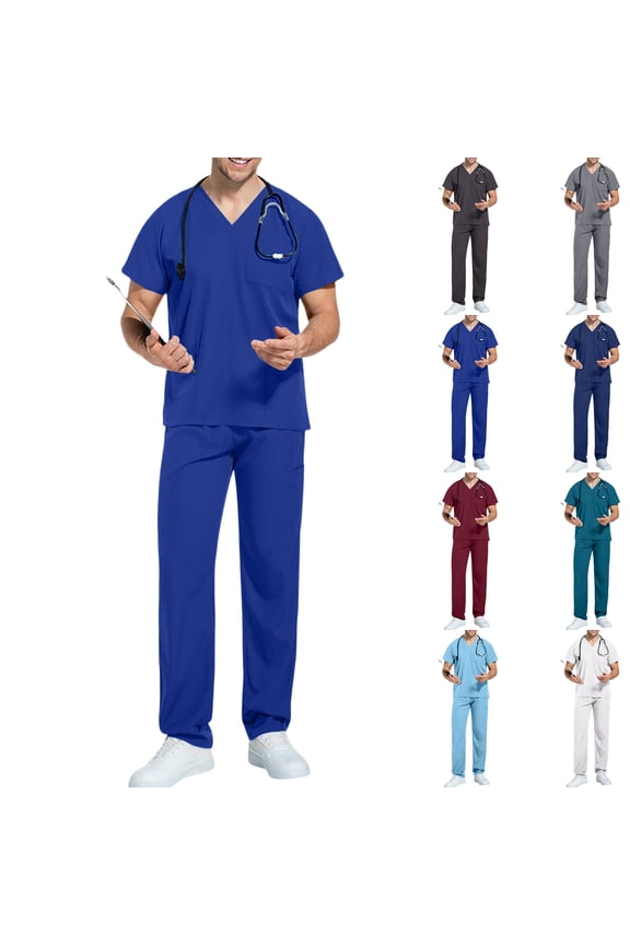 Men's Workwear Scrubs 2-Piece Set, Comfortable Solid Color Short Sleeve Top and Pants, Nursing Uniform For Healthcare Professional Duty,White,S