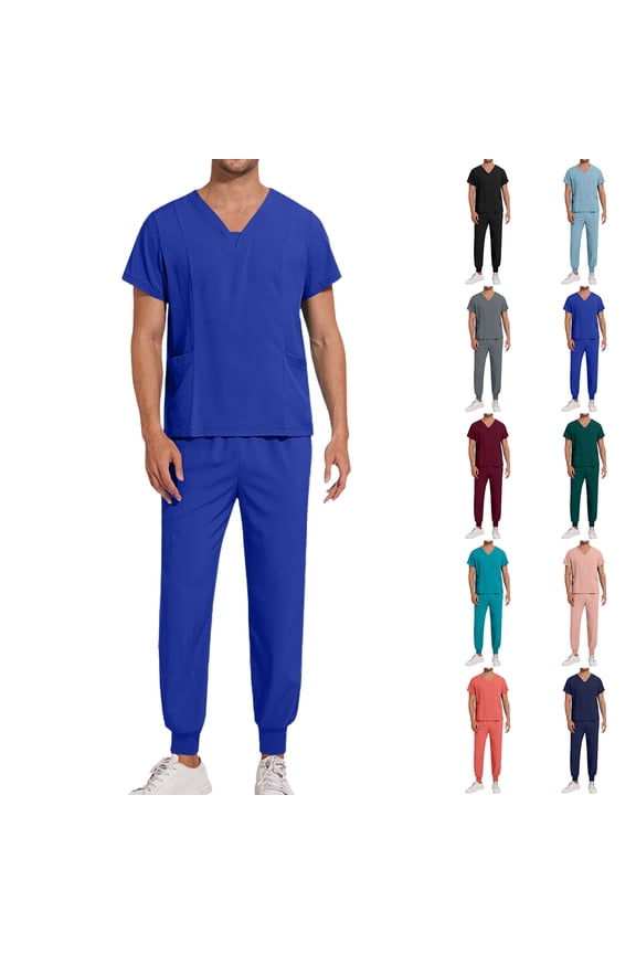 Men's Workwear Scrubs 2-Piece Set, Loose V-Neck Short Sleeve Multi-Pocket Top and Pants, Nursing Uniform For Medical Healthcare Duty,Dark Green,S