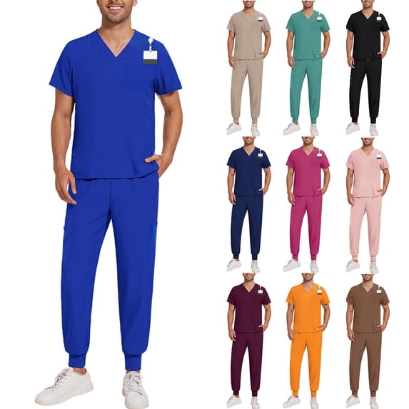 Men's Workwear Scrubs 2-Piece Set, Quick-Dry Fabric Solid Color V-Neck Pocket Short Sleeve Top and Pants, Nursing Uniform For Medical Duty,Wine,2XL