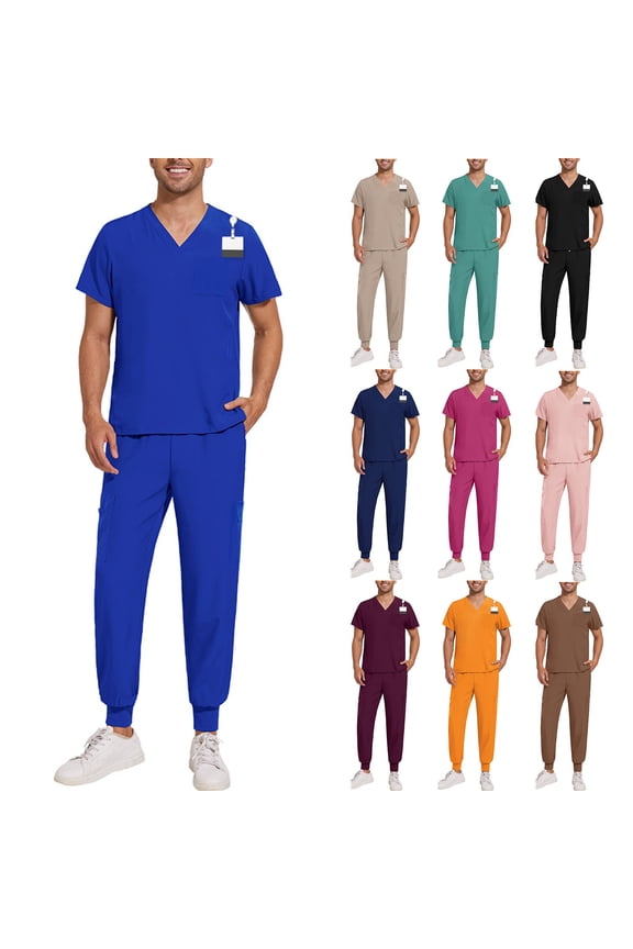 Men's Workwear Scrubs 2-Piece Set, Quick-Dry Fabric Solid Color V-Neck Pocket Short Sleeve Top and Pants, Nursing Uniform For Medical Duty,Wine,S