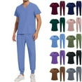 thumbnail image 1 of Men's Workwear Scrubs 2-Piece Uniform Set, Solid Color Cross V-Neck Short Sleeve Pocket Tee and Pants, For Medical Nursing Professionals,Blue,2XL, 1 of 5