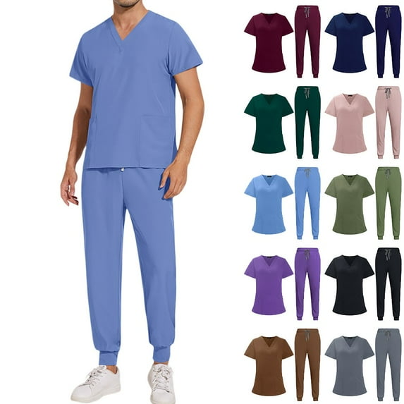 Men's Workwear Scrubs 2-Piece Uniform Set, Solid Color Cross V-Neck Short Sleeve Pocket Tee and Pants, For Medical Nursing Professionals,Blue,2XL