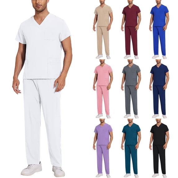 Men's Workwear Scrubs 2-Piece Uniform Set, Solid Color Cross V-Neck Short Sleeve Pocket Tee and Pants, For Medical Nursing Professionals,Pink,M