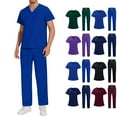 thumbnail image 1 of Men's Workwear Scrubs 2-Piece Uniform Set, Solid Color Cross V-Neck Short Sleeve Pocket Tee and Pants, For Medical Nursing Professionals,Purple,L, 1 of 5