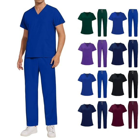 Men's Workwear Scrubs 2-Piece Uniform Set, Solid Color Cross V-Neck Short Sleeve Pocket Tee and Pants, For Medical Nursing Professionals,Purple,L