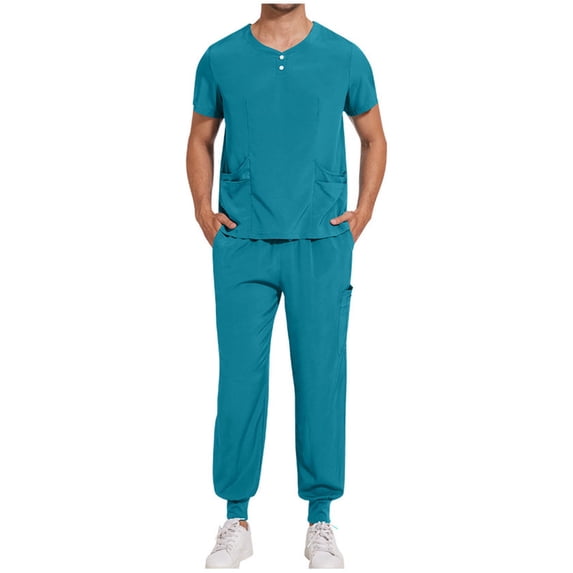 Men's Workwear Scrubs Set Stretch Short Sleeve Scrub Tops Drawstring Jogger Pants with Pockets