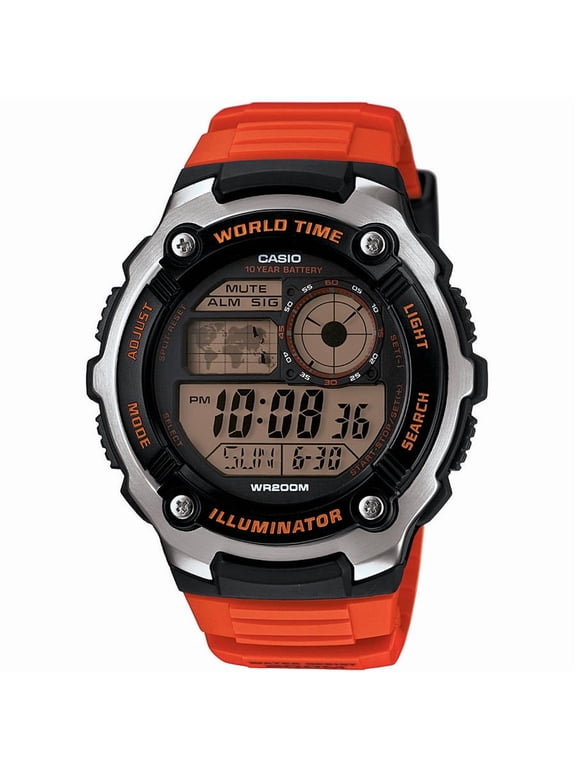 Men's World Time Watch, Orange Resin Strap