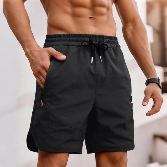 Men's Woven Athletic Shorts, Elastic Drawstring Waist Shorts with Zippered Pockets and Split Hem Quick Dry Beach Vacation Shorts Black 5XL