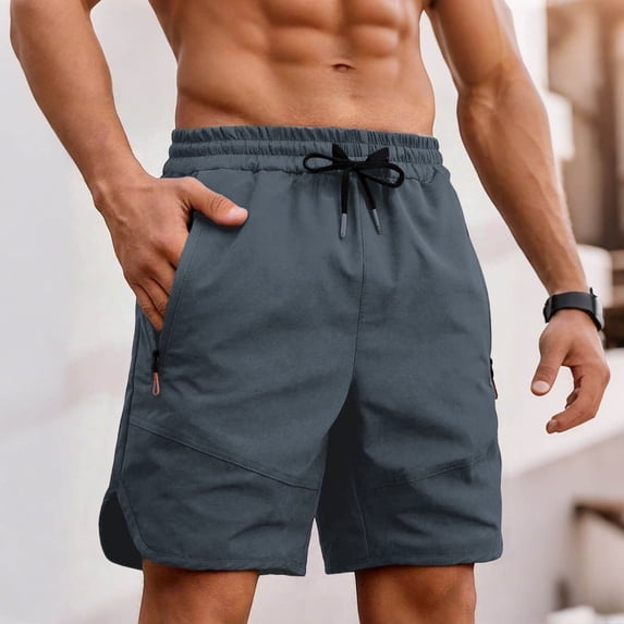 Men's Woven Athletic Shorts, Elastic Drawstring Waist Shorts with Zippered Pockets and Split Hem Quick Dry Beach Vacation Shorts Gray XXL