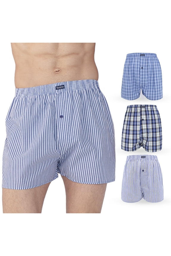 Men's Woven Boxer Shorts 3-Pack - 5 Plaid Patterns, Premium Cotton, Comfortable Elastic Waist, Button Fly, Casual Underwear for Daily Wear, Blue Striped Pack, L