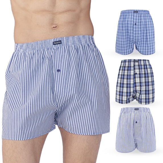 Men's Woven Boxer Shorts 3-Pack - 5 Plaid Patterns, Premium Cotton, Comfortable Elastic Waist, Button Fly, Casual Underwear for Daily Wear, Blue Striped Pack, M