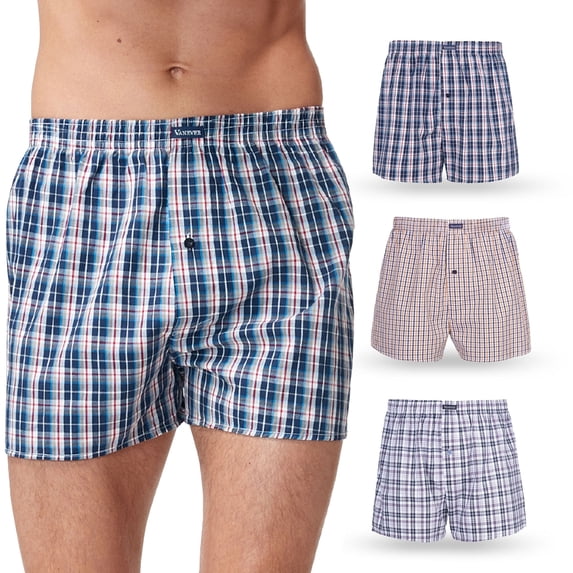 Men's Woven Boxer Shorts 3-Pack - 5 Plaid Patterns, Premium Cotton, Comfortable Elastic Waist, Button Fly, Casual Underwear for Daily Wear, Navy Plaid Pack, L