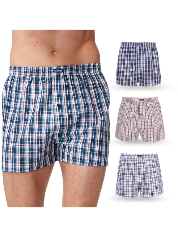 Men's Woven Boxer Shorts 3-Pack - 5 Plaid Patterns, Premium Cotton, Comfortable Elastic Waist, Button Fly, Casual Underwear for Daily Wear, Navy Plaid Pack, L
