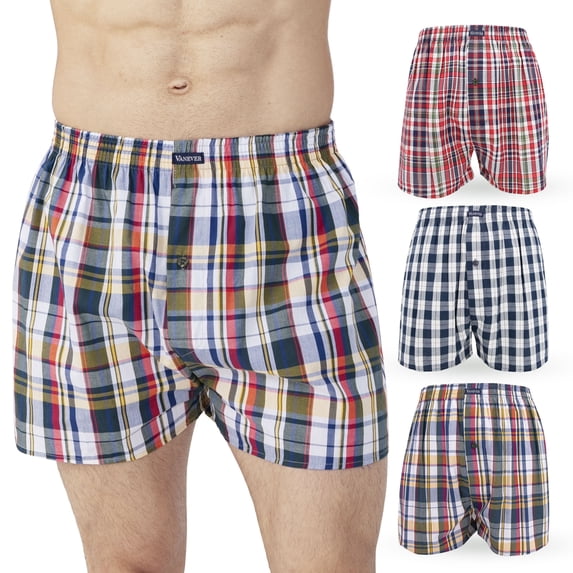 Men's Woven Boxer Shorts 3-Pack - 5 Plaid Patterns, Premium Cotton, Comfortable Elastic Waist, Button Fly, Casual Underwear for Daily Wear, Red Plaid Pack, M