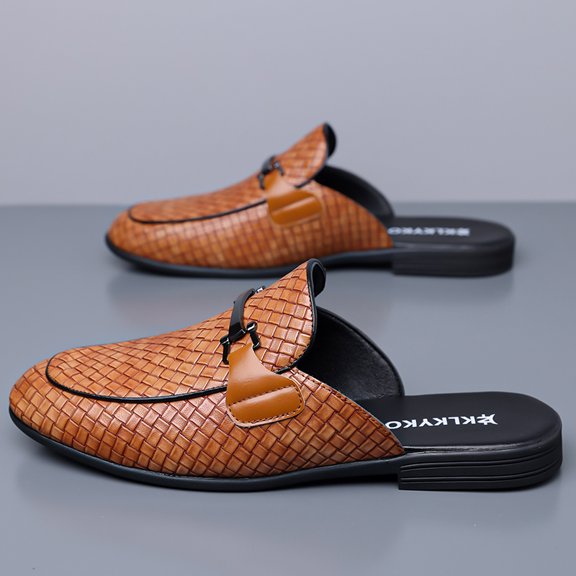 Men's Woven Pattern Backless Mule Loafers - Slip-On Casual Slippers with Tassel