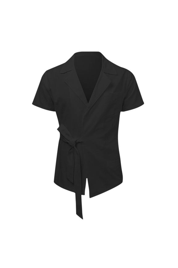 Men's Wrap Tie Side Shirt Short Sleeve Casual Solid Summer Beach Dress Shirts with Pockets