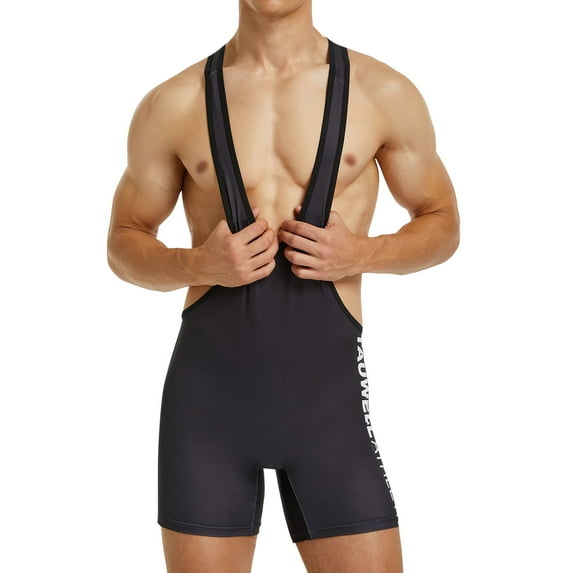 Men's Wrestling Athletic Singlet Slim Fit Sport Bodysuit Breathable Wrestling Boxers One Piece Bodywear Jumpsuit Jockstrap Black Large