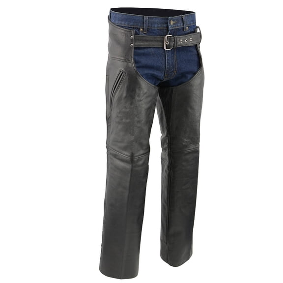 Men's XS301 Black Deep Pocket Premium Leather Motorcycle Chaps Small