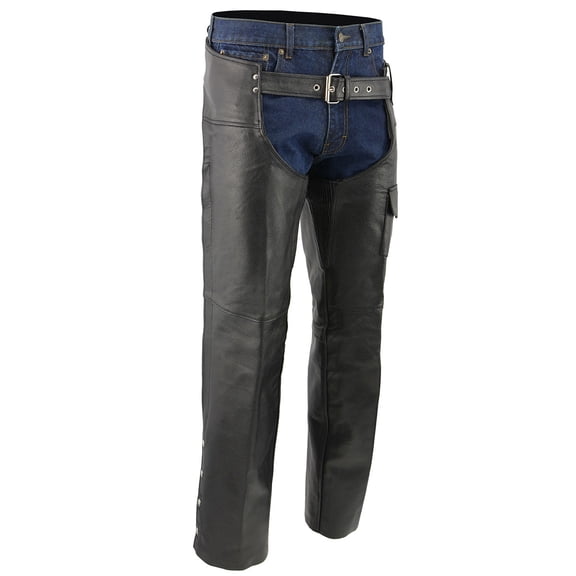 Men's XS405 Classic Black Thermal Lined Leather Motorcycle Chaps with Outside Flap Pocket Medium
