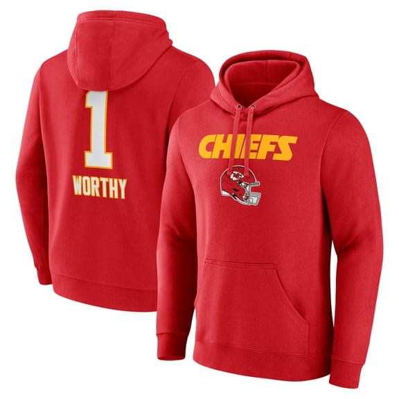 Men's Xavier Worthy Red Kansas City Chiefs Name & Number Team Wordmark Pullover Hoodie