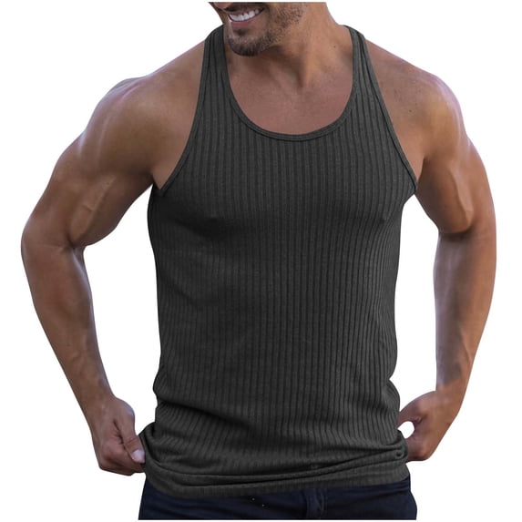 Men's Y Back Knited Tank Tops, Cotton Spandex Blend Tanks for Men, Comfortable, Quick Dry, Durable Ribbed Fabric (Available in Big & Tall) Size M-5XL Dark Gray