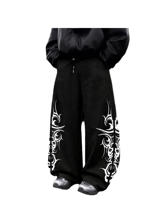 Men's Goth Y2K Baggy Sweatpants, Tribal Thorn Print Gothic Streetwear Pants, Casual Loose Fit Joggers