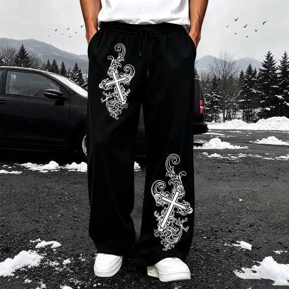 Men's Y2K Gothic Cross Print Pants – Versatile Elastic Waist Casual Trousers in Sizes S-XXXL, for Daily Streetwear and Urban Fashion