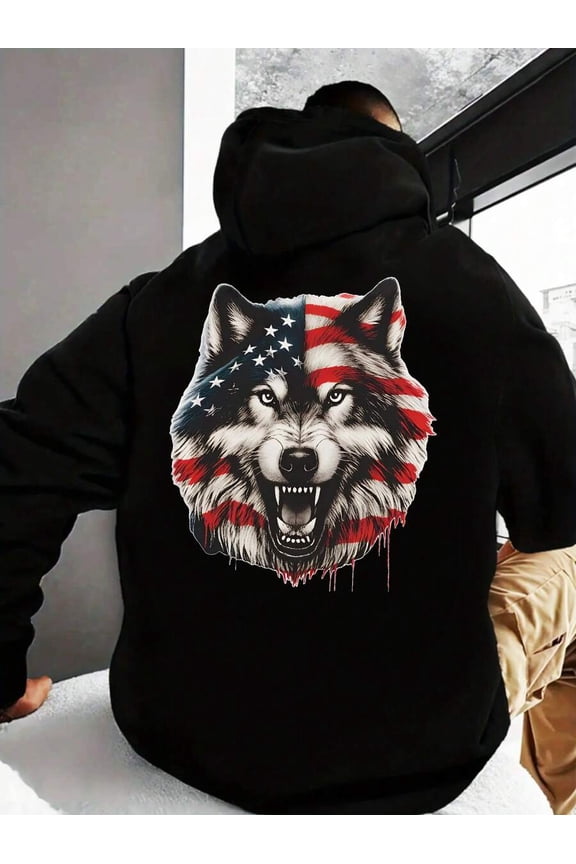 Men's Y2K Street Style Hoodie With Flag And Wolf Graphic - Black/White Hoodie With Wolf And Flag Graphic On Back, Long Sleeve Casual Winter Men's Clothing, Machine Washable Fall/Winter Jacket ( Style