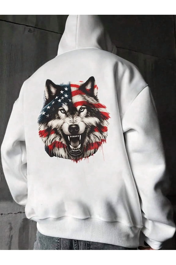 Men's Y2K Street Style Hoodie With Flag And Wolf Graphic - Black/White Hoodie With Wolf And Flag Graphic On Back, Long Sleeve Casual Winter Men's Clothing, Machine Washable Fall/Winter Jacket ( Style