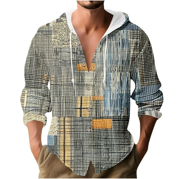 Men's Y2K Vintage Linen Hoodie Shirt - Button Down Beach Top | Oversized Graphic Print for Summer Casual & Streetwear