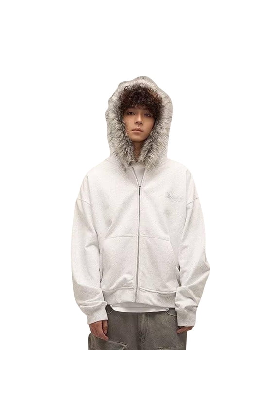 Men's Y2K Zip Up Hoodie Fur Hooded Jacket Warm Winter Coat with Collar Casual Long Sleeve Streetwear