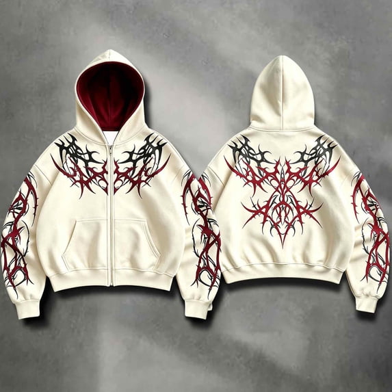 Men's Y2k Goth Graphic Zip Up Hoodies Long Sleeve Grunge Punk Graphic Print Streetwear Oversized Hooded Sweatshirt With Pocket W001-Beige XXXXL