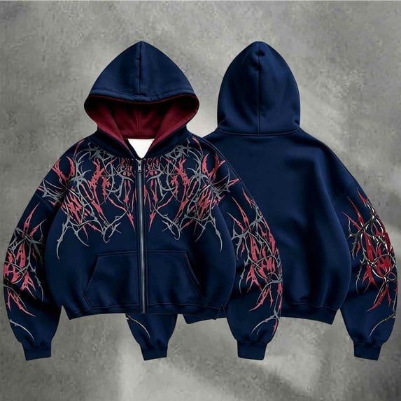 Men's Y2k Goth Graphic Zip Up Hoodies Long Sleeve Grunge Punk Graphic Print Streetwear Oversized Hooded Sweatshirt With Pocket W002-Dark Blue M