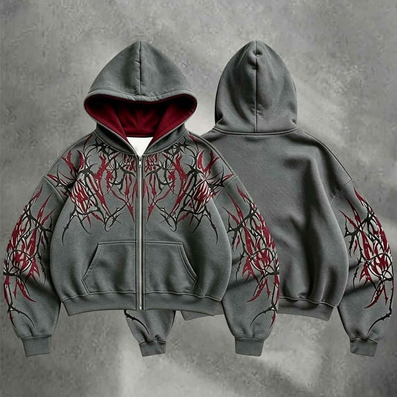 Men's Y2k Goth Graphic Zip Up Hoodies Long Sleeve Grunge Punk Graphic Print Streetwear Oversized Hooded Sweatshirt With Pocket W002-Grey L