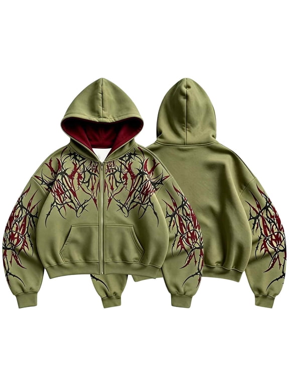 Men's Y2k Goth Graphic Zip Up Hoodies Long Sleeve Grunge Punk Sweatshirt with Pockets