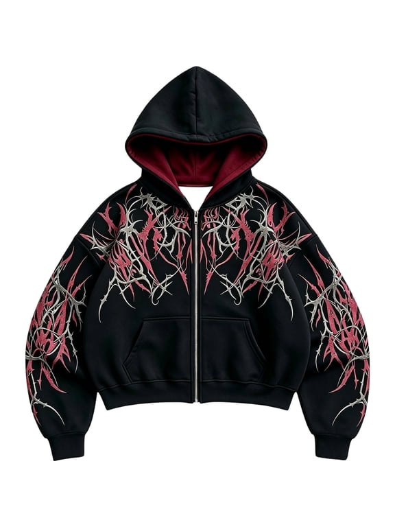 Men's Y2k Goth Graphic Zip Up Hoodies Long Sleeve Grunge Punk Sweatshirt with Pockets