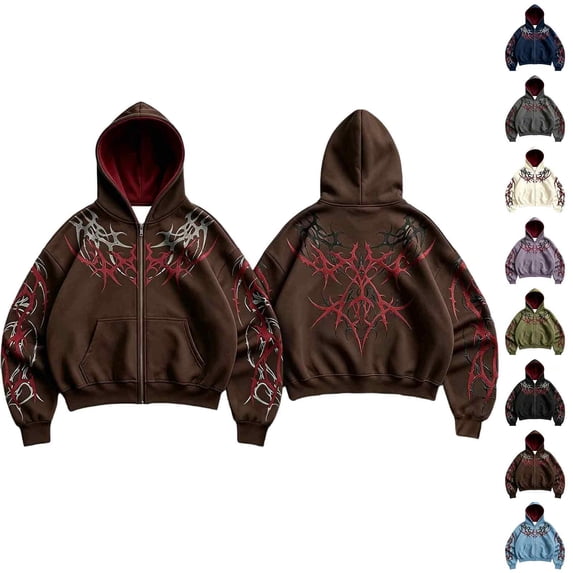 Men's Y2k Goth Graphic Zip Up Hoodies Long Sleeve Grunge Punk Sweatshirt with Pockets