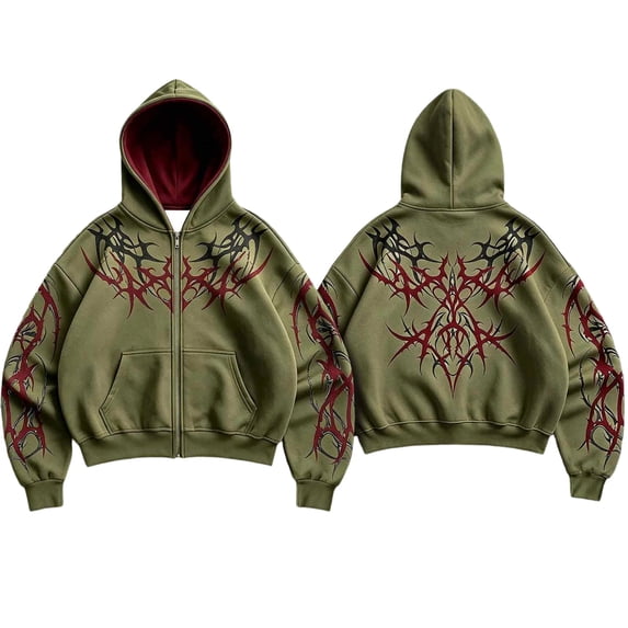 Men's Y2k Goth Graphic Zip Up Hoodies Long Sleeve Grunge Punk Sweatshirt with Pockets