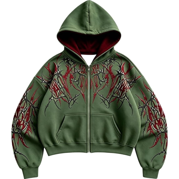 Men's Y2k Goth Graphic Zip Up Hoodies Long Sleeve Grunge Punk Sweatshirt with Pockets
