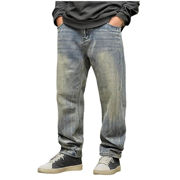 Men's Y2k Wide Leg Jeans Baggy Skater Vintage Plain Pants Casual Loose Fit Jeans Streetwear Denim Washed Hip Hop Pants (M, Blue)