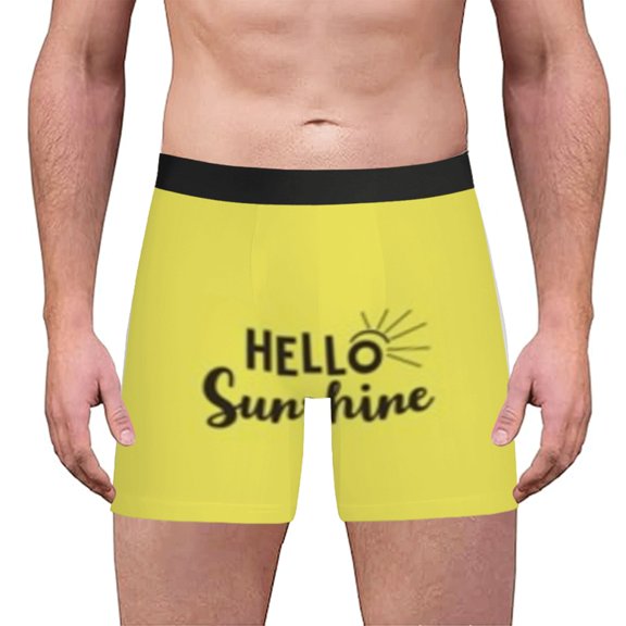 Men's Yellow Boxer Briefs with Black Waistband Textured Top Smiling Sun Graphic & Cursive Print