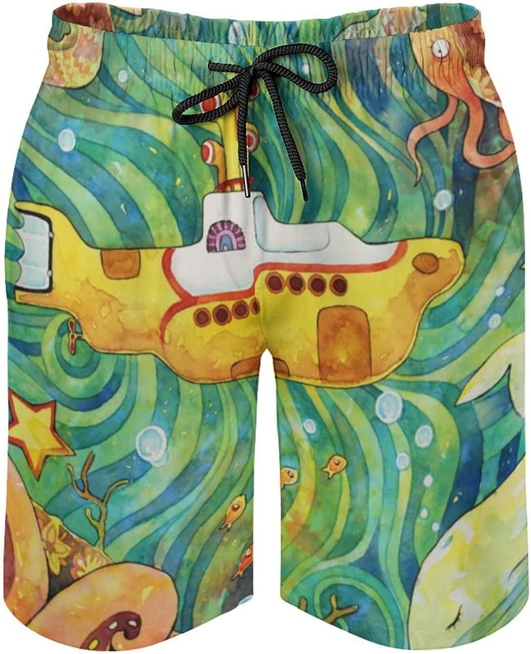 Men s Yellow Cartoon Submarine Swim Trunks Quick Dry Beach Pants Board Shorts Bathing Suits with Mesh Lining and Pockets S 3XL