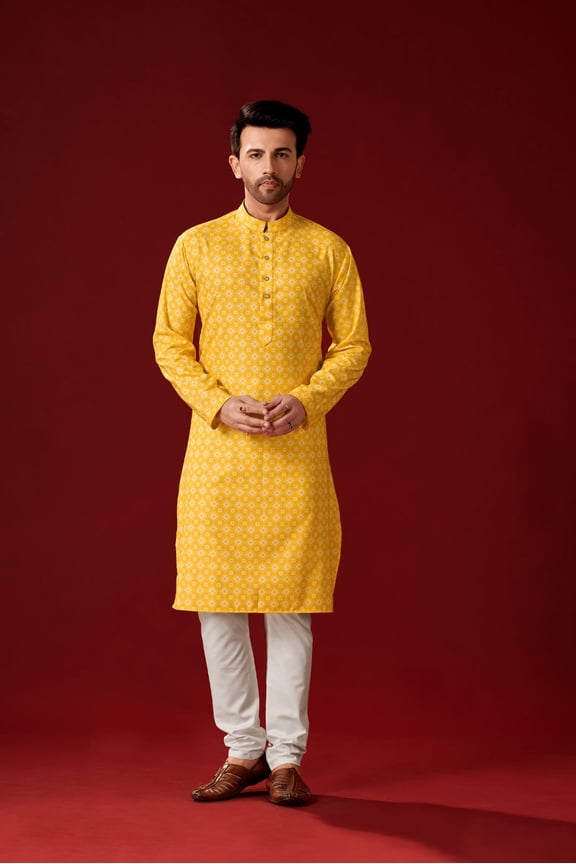 Men's Yellow Color Indian Traditional Wear Tunic Cotton Kurta Pajama Set