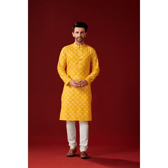 Men's Yellow Color Indian Traditional Wear Tunic Cotton Kurta Pajama Set