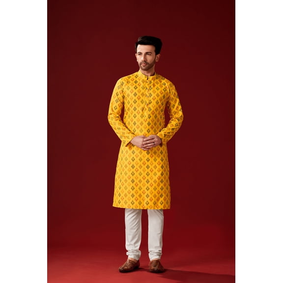 Men's Yellow Color Indian Traditional Wear Tunic Cotton Kurta Pajama Set