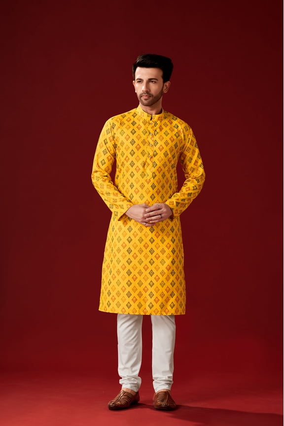 Men's Yellow Color Indian Traditional Wear Tunic Cotton Kurta Pajama Set